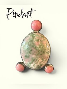 Vintage Sterling Silver Style Unakite & Pink Cabochon Statement Pendant